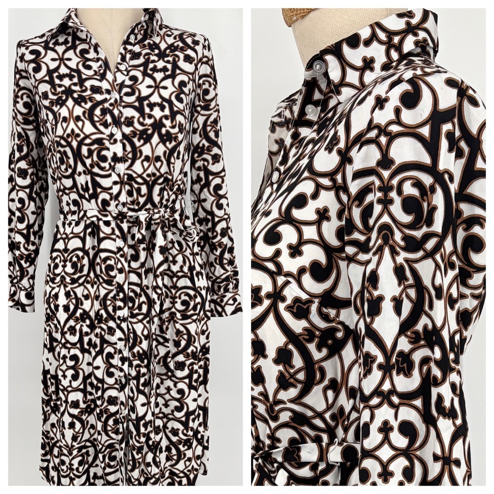 Loft Brown Black White Scroll Print Long Sleeve Belted Shirt Dress‎ XSP